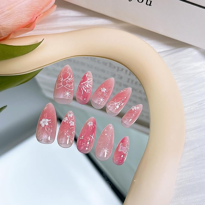 24Pcs Pink Press on Nails Medium Almond Fake Nails with Butterfly Rhinestones Designs 3D Flower False Nails Star Stick on Nails Cute Bow Acrylic Nails Glitter Glue on Nails for Women Nail Supplies