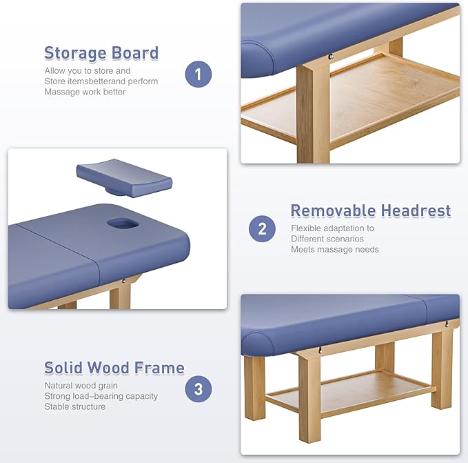 Massage Table 28IN Wide with Hight Adjustable Backrest for Treatment, Blue Leather Professional Spa Bed Load1500 LBS, Spa Table with Storage for Footmassage Facial CareSpa Tattoo