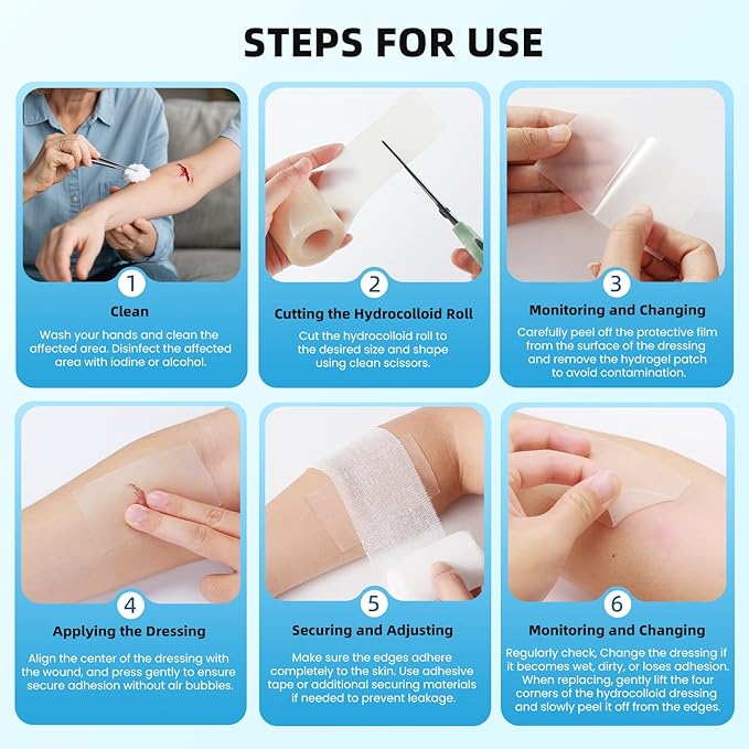 Hydrocolloid Roll for Wound Care, 2in x 5ft Extra Large Hydrocolloid Bandages with Self-Adhesive, Cut-to-Size, Ultra Absorbent, Flexible & Waterproof for Burn, Blister, Acne Care