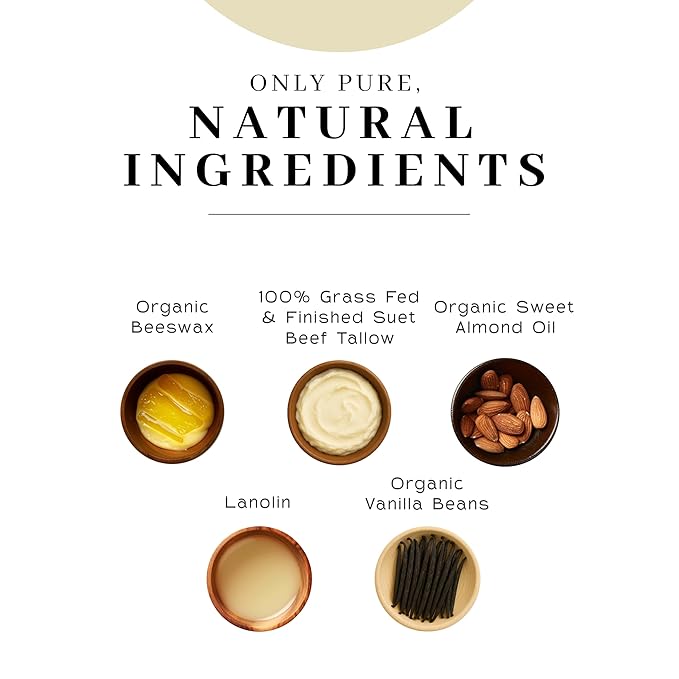 VanMan Beeswax Lip Balm Tube – Organic Tallow Balm with Grass-Fed and Finished Suet Beef Tallow, Sweet Almond Oil, and Lanolin – Hydrating Lip Moisturizer – Vanilla – 3 Tube Pack