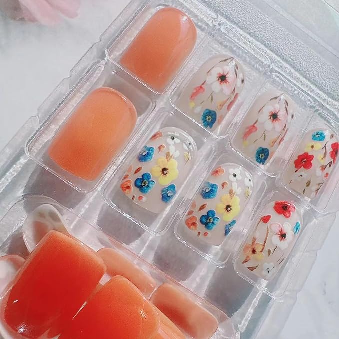 Flower Press on Nails Short Square Fake Nails Glue on Nails with Colorful Floral Design Small Flowers Acrylic False Nails Manicure Art Full Cover Stick on Nails for Wedding Birthday Women 24Pcs