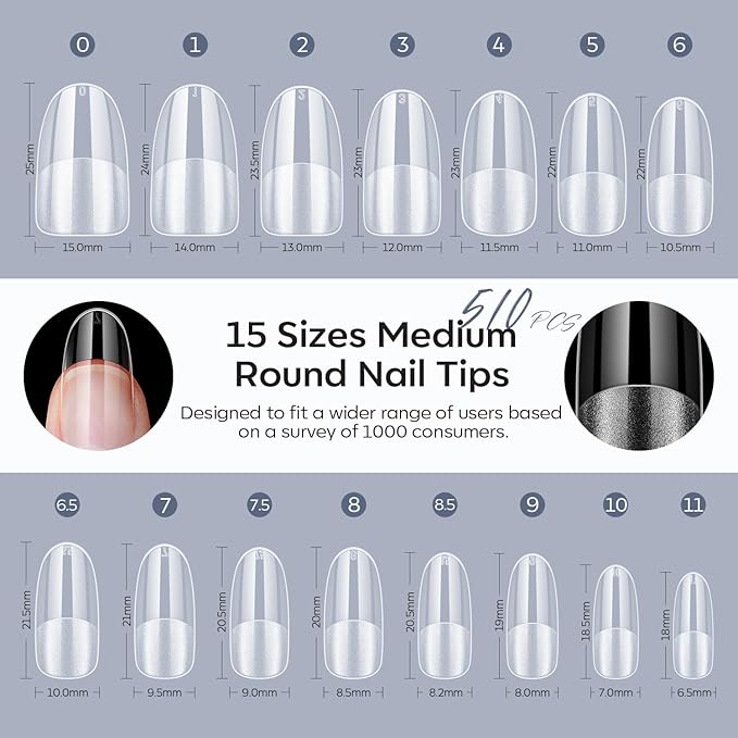 Modelones Medium Round Oval Fake Nail Tips - 510Pcs Gel Tips Pre-shaped Half Matte Full Cover Clear Acrylic Gel Kit False Press on Nails for Extension DIY Salon 15Sizes
