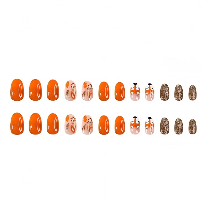 24Pcs Autumn Fallen Leaves Press on Nails Short Oval Thanksgiving Fake Nails with Fox French Design Orange Stick on Nails Fall Rose Gold Glitter Full Cover Glue on Nail Glossy Acrylic Nails for Women