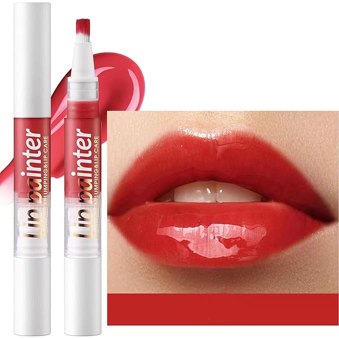 2 in 1 Red lip gloss Lip Plumper Gloss Tinted Glitter Shimmer Lipgloss Lipstick Moisturizing High Shine And Vegan Plumping Lip Gloss For Women Girls Long-Lasting Dry Lip Care base bulk best(05#)