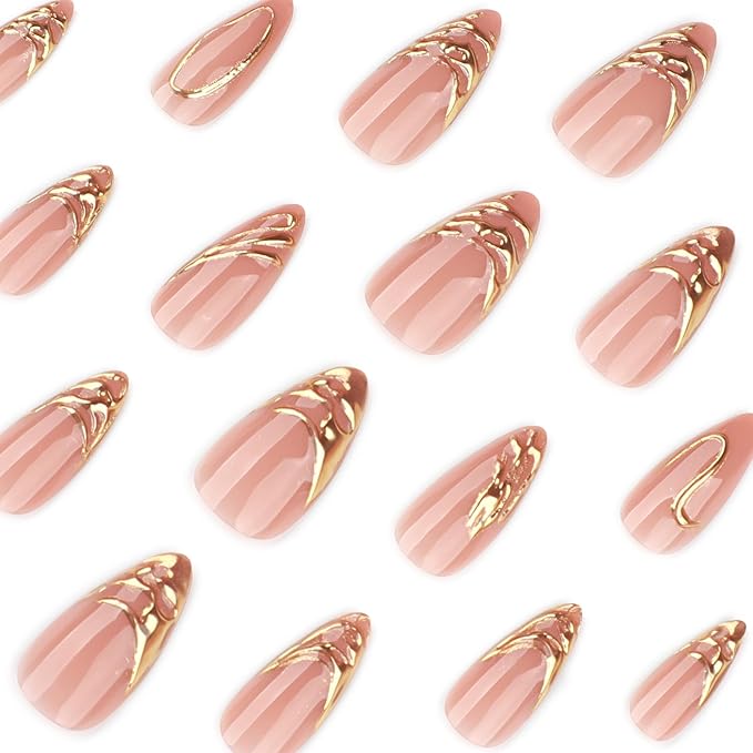 Press on Nails Medium Almond Fake Nails Gold Stripes Line False Nails French Tip Acrylic Nails Reusable 3D Gold Artificial Nail Full Cover Glue on Nail for Women Girls Manicure 24Pcs