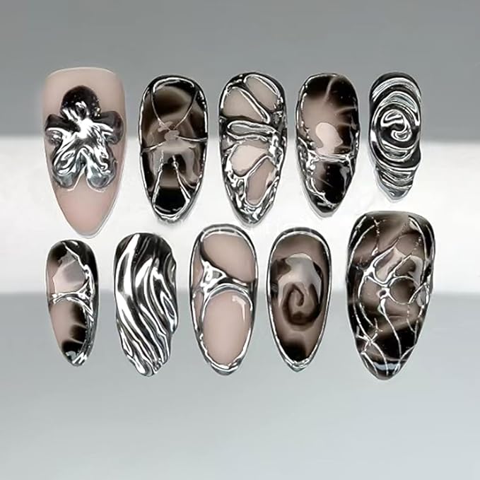 24Pcs Dark Press on Nails Medium Almond Fake Nails with 3D Y2k Irregular Silver Designs Glossy French Nails Reusable Fake Nails Full Cover Artificial Glue on Nails Gothic Stick on Nails for Women