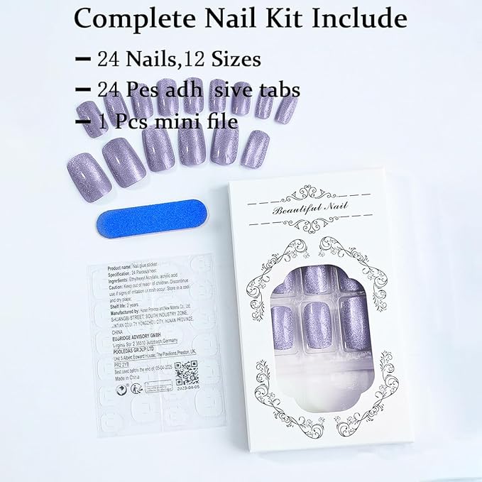 Square Press on Nails - Light Purple Glitter, Short Acrylic, Medium Glossy, False Nails, Gel Glue, Ombre Stick on Nails for Women & Girls - 24Pcs