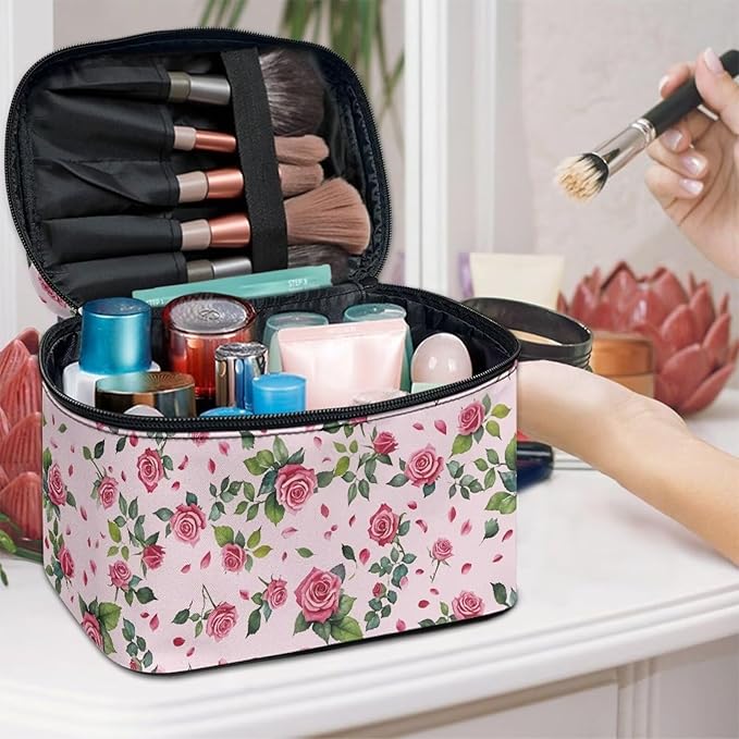 Rose Hearts Valentine's Day Print Travel Makeup Bags for Women Portable Tote Cosmetic Case with Carry Handle Toiletry Accessories Storage Organizer Bags