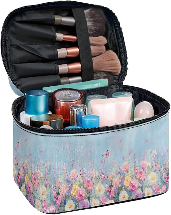 Butterfly Vibrant Rose Floral Print Travel Makeup Bags for Women Portable Tote Cosmetic Case with Carry Handle Toiletry Accessories Storage Organizer Bags