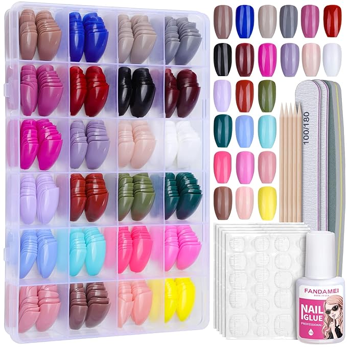 FANDAMEI Press on Nails Medium Length, 24 Pack 576PCS Glossy Medium Coffin Fake Nails Full Cover, Acrylic Short Ballerina False Nail tips with Nail Glue, Nail Adhesive Tabs, Nail File for Nail Art DIY