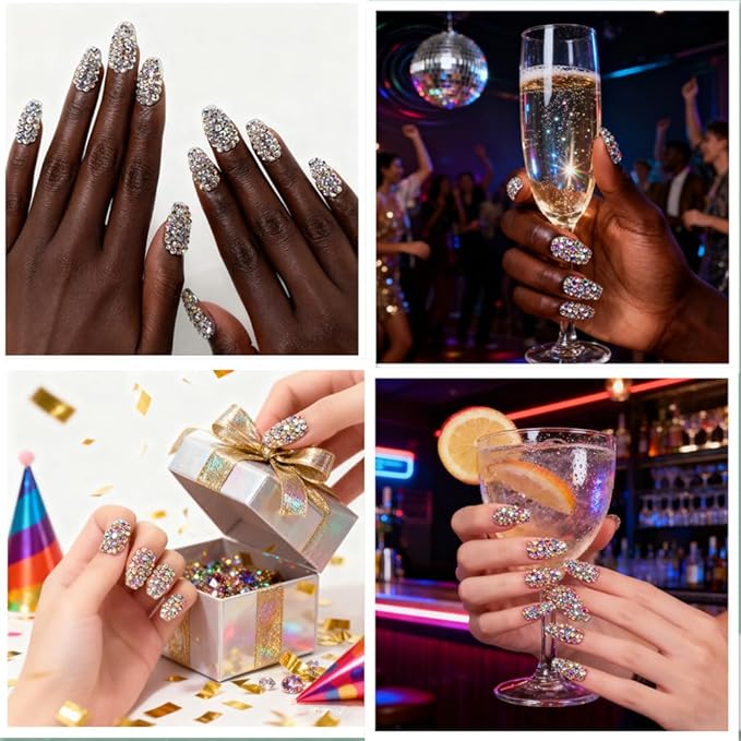 Handmade 24pcs Full 3D Rhinestone Press on False Nails Medium length Coffin Fake Nails Salon DIY Manicure Reusable Acrylic Shiny Crystal Nail Art Tips Gift for Women Girls