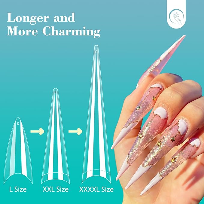 Quaferen 4XL Extra Long Stiletto Nail Tips, 300PCS Clear Nail tips for Acrylic nails Professional, Half Cover Nail Tips Use for Nail Extension Tips, French Nail Tips Tapered Stiletto Nails 12 Sizes