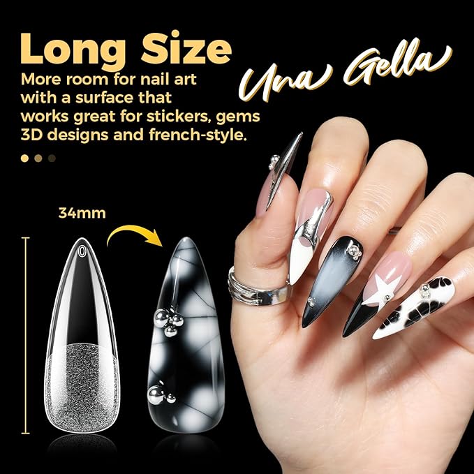 UNA GELLA Long Stiletto Gel Nail Tips, 600Pcs Pre Etched Long Stiletto Almond Nail Tips Clear Fake Nails Press on Nails No C Curve for DIY Christmas Art Salon at Home 12 Sizes