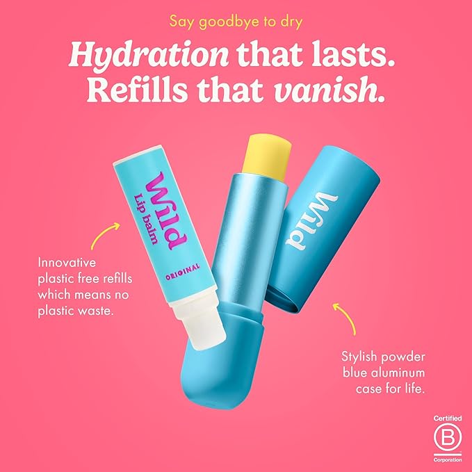 Wild Refillable Lip Balm Starter Kit - Includes Blue Aluminum Case & 3 Pack Lip Balm Refills in a Variety of Scents - Includes Coconut & Vanilla, Passionfruit Swirl & Watermelon Flavors