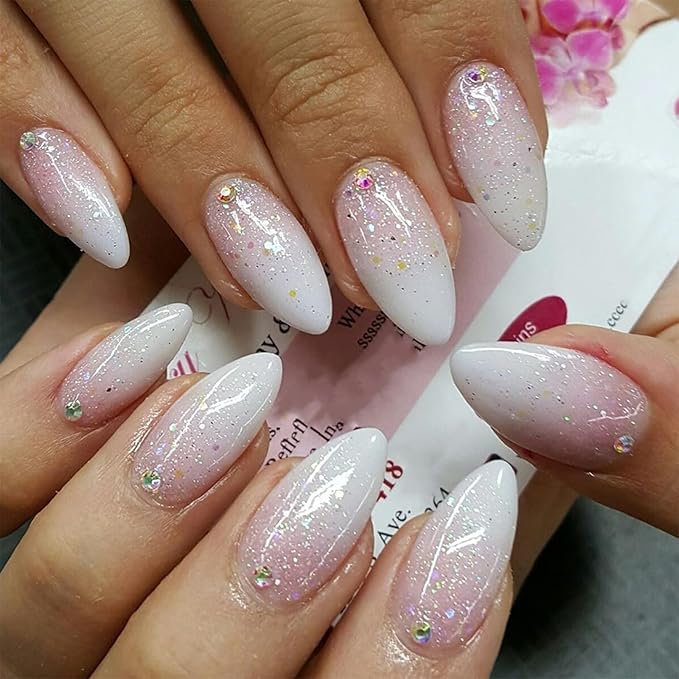 IMRAIN Press on Nails Medium Almond Fake Nails Pink White Gradient False Nails with Glitter Designs Full Cover Glossy Acrylic Glue on Nails for Women Girls Artificial Nail Supplies 24Pcs