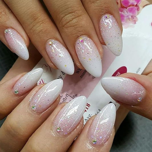 IMRAIN Press on Nails Medium Almond Fake Nails Pink White Gradient False Nails with Glitter Designs Full Cover Glossy Acrylic Glue on Nails for Women Girls Artificial Nail Supplies 24Pcs