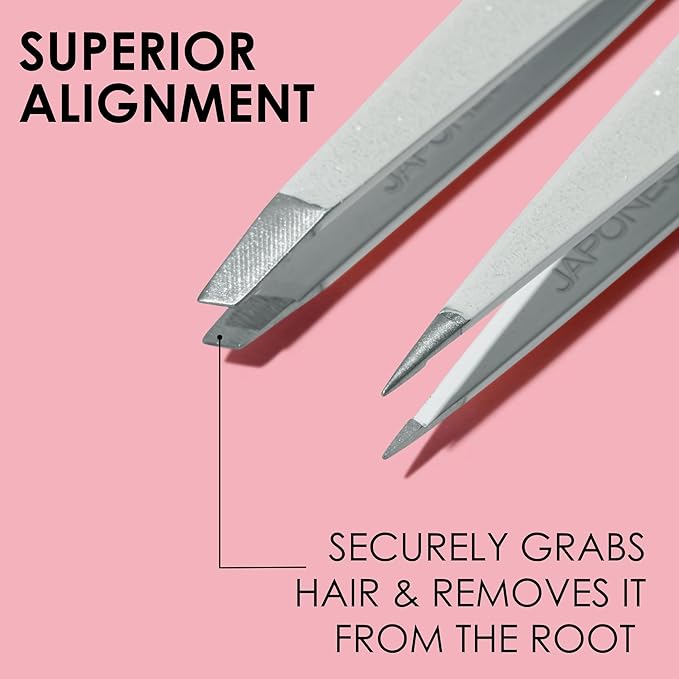 JAPONESQUE Pointed & Slant Tweezers Natural Shimmer Set, Precision Crafted, Hand Sharpened Tips for Shaping and Defining Brows