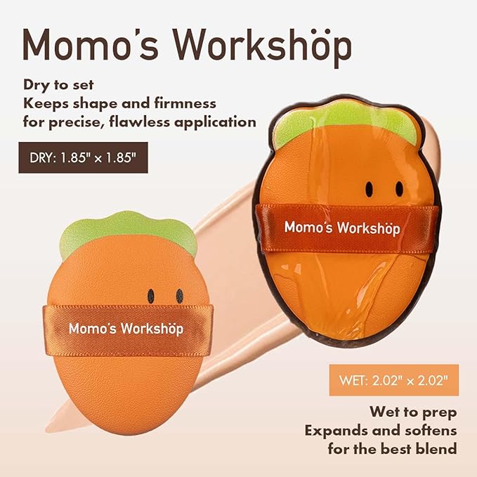 Momo’s Workshop Carrot Makeup Sponge – Dual-Use PU Beauty Sponge with Lychee Leather Handle, 16mm Hydrophilic Sponge for Foundation Coverage, Dry/Wet Application,2pcs with Case
