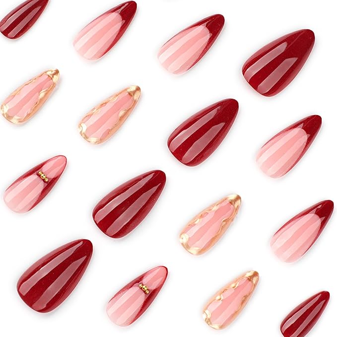 Press on Nails Almond Fake Nails Red French Tip False Nails Press ons with Gold Line Design Medium Acrylic Nails Glossy Full Cover Glue on Nail for Women Manicure 24Pcs