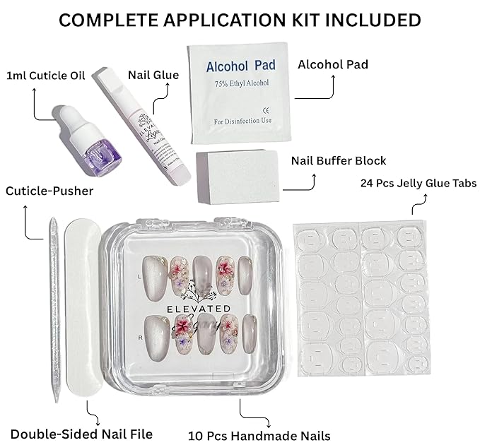 Medium-Blossom Whisper Fake Nails Press-On Manicure Kit for Women | French Tip 10 Nails | Nail Glue, Dual Nail File, Cuticle Stick, Buffer Block | Measure Before Ordering