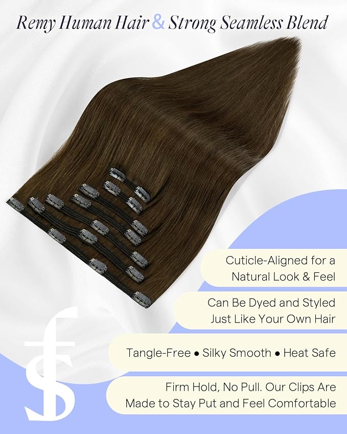 Full Shine 24 Inch Clip in Hair Extensions Human Hair Golden Brown Remy Hair Extensions Brunette Human Hair Clip in Extensions for Women Extra Volume 7 pcs