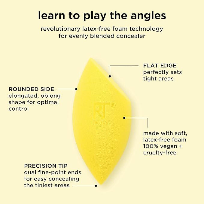 Real Techniques Miracle Concealer Sponge, Makeup Blending Sponge For Liquid & Cream Concealer, Elongated Shape For Precise Application Under Eyes & Tight Areas, Yellow, Latex-Free Foam, 1 Count