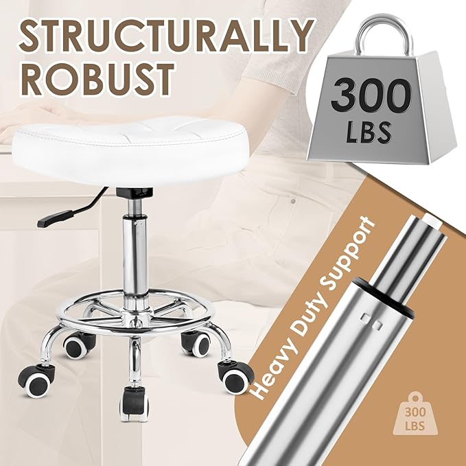 Rolling Stool Wider Rectangular Cushion-Provides a Comfortable, Stable Support Surface with Loop Footrest for Leg Support,Adjustable Stool with Wheels for Salon Tattoo Massage Office Home (White)