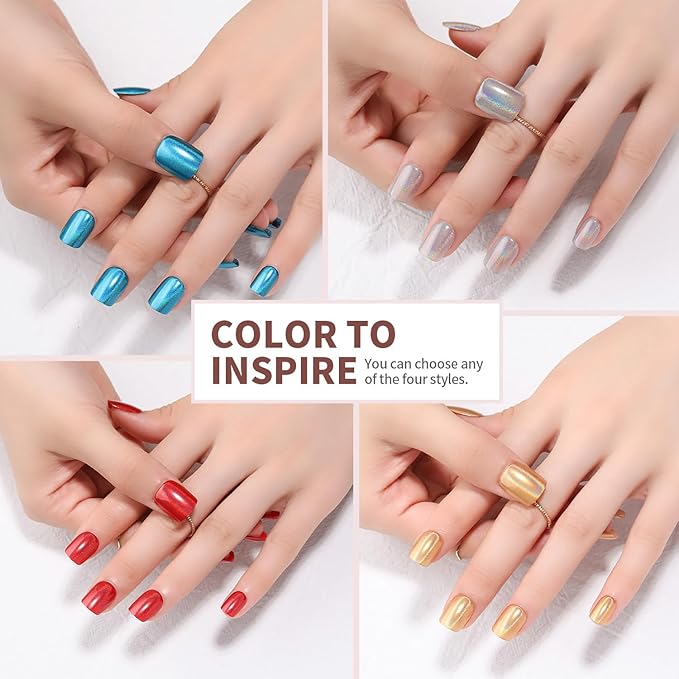 Gold Holographic Press On Nails, Short Chrome Glue On Nails for Women, Metallic Golden Fake Nails with Iridescent Glow, Press On Nails Short Square Shape, Color-Shifting Aurora Effect, 24 Pcs