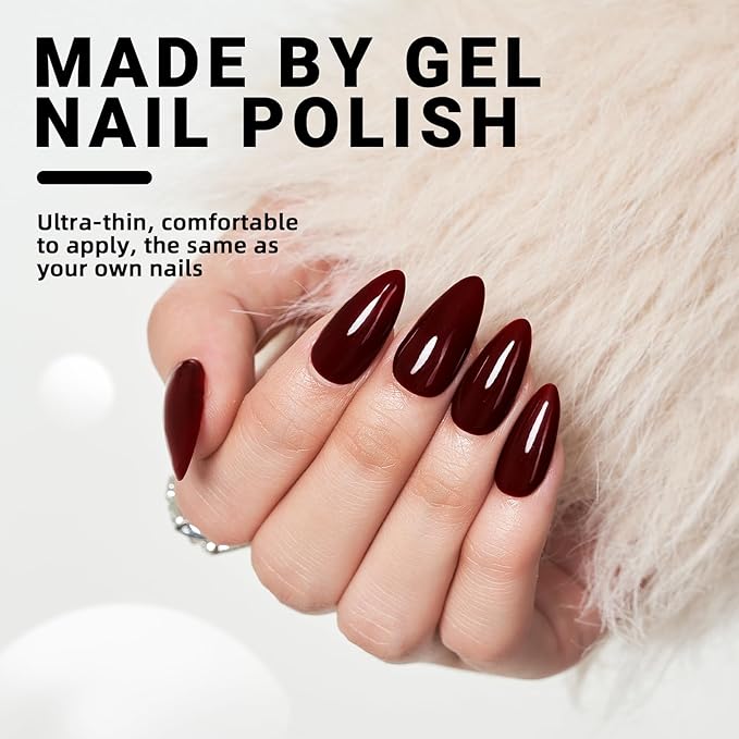 Wine Red Press On Nails, Medium Length Almond False Nails Glossy Fake Nails 24Pcs Stick On Nails Kit Solid Color Almond Full Cover Artificial Glue On Nails for Women and Girls