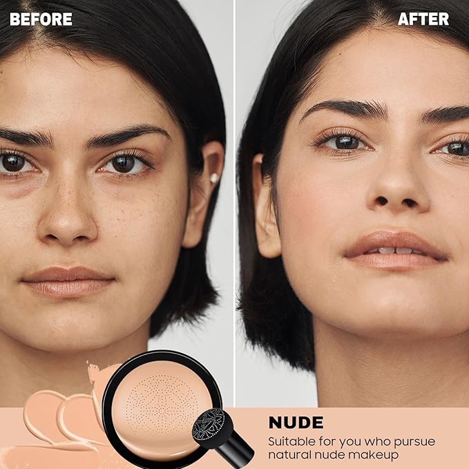 Mushroom Head Air Cushion CC Cream - BB Cream Long-Lasting Color Changing Foundation, Full Coverage Concealer for Older Women, Moisturizing & Brightening Foundation for Mature Skin Makeup (Nude)