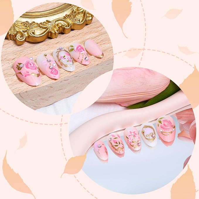 24Pcs Flower Press on Nails Almond Short Fake Nails with Pearl Rhinestones Design Handmade Acrylic Nails Pink Rose Glue on Nail 3D Gold Chrome French Tip False Nails Cute Floral Bow Artificial Nail