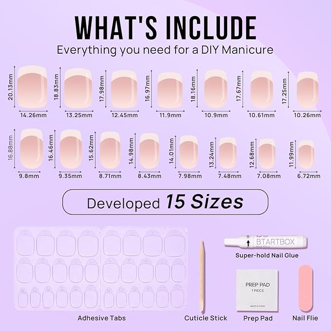 BTArtbox Press on Nails Square - French Tip Press On Nails Short, Seamless Fit Glue on Nails for Nail Art Manicure, 15 Sizes, French Girl