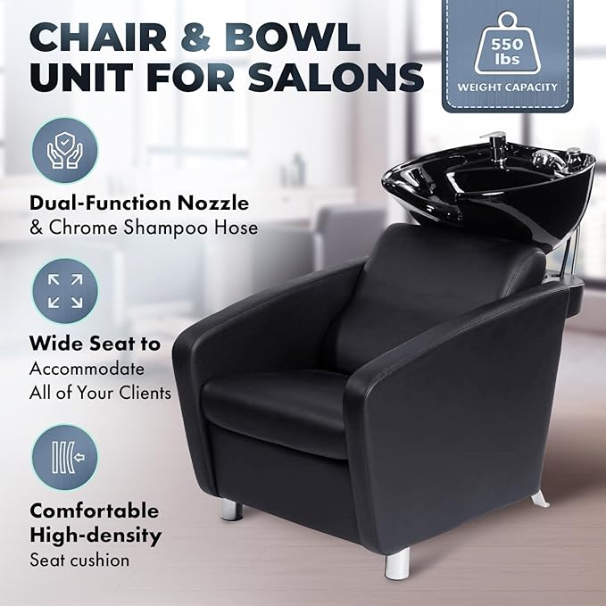 Buy-Rite Shelby Shampoo Backwash Station - Professional Salon Backwash Unit w/Deep Tilting Porcelain Sink, Wide Reclining Chair, Dual-Function Nozzle, Vacuum Breaker - Black, YLG-556-BLK