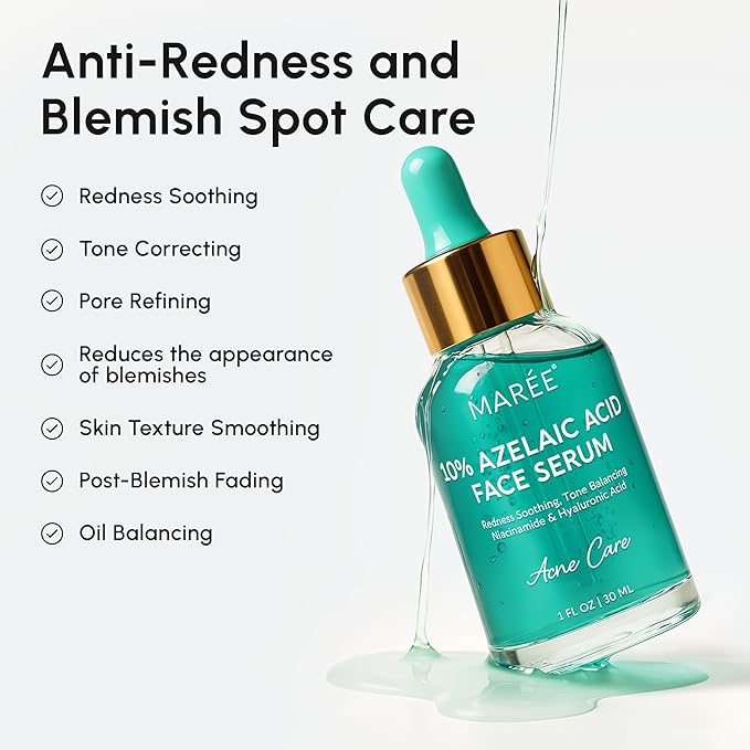 MAREE 10% Azelaic Acid Face Serum - Redness Soothing Hydrating Serum with Niacinamide, Centella Asiatica & Hyaluronic Acid - Relief Serums for Face & Body - Azalecic Acid Skin Facial - Acido Azelaico