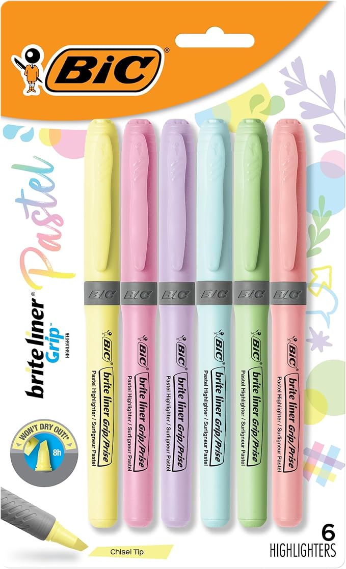 BIC Brite Liner Grip Pocket MINI Highlighter, Pastel Ink Colors, Chisel Tip, 6 Count (Pack of 1)