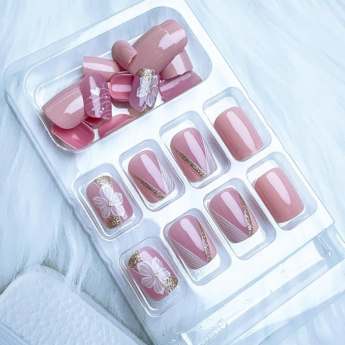 24Pcs French Tip Press on Nails Short Square Fake Nails with Gold Glitter Designs White Flower False Nails Reusable Spring Acrylic Nails Press on Full Cover Solid Color Glue on Nails for Women Nails