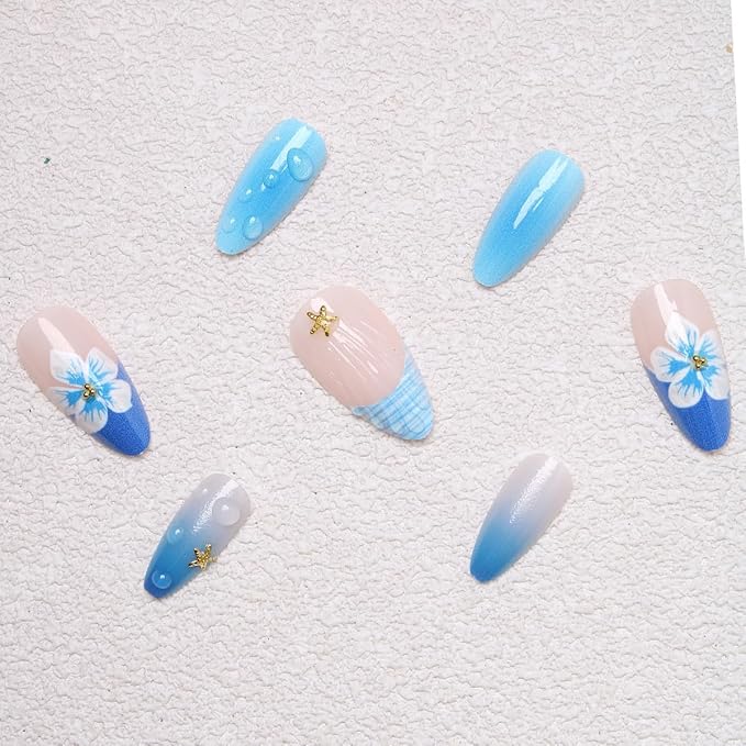 24Pcs Autumn Press on Nails Medium Almond Fake Nails 3D Flower Glue on Nails Blue French Tip False Nail Nude Pink Acrylic Nail Press on Metal Starfish Stick on Nail for Women DIY Manicure Salon