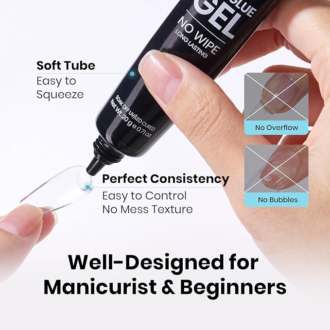 Beetles 20g Solid Nail Glue Gel - No Wipe, Hands-Free Soft Nail Tips Glue for Fake Acrylic Nails, Press On Nails, Nail Extensions, 3D Nail Art, Soak Off Nail Lamp Long-Lasting, Beginner-Friendly