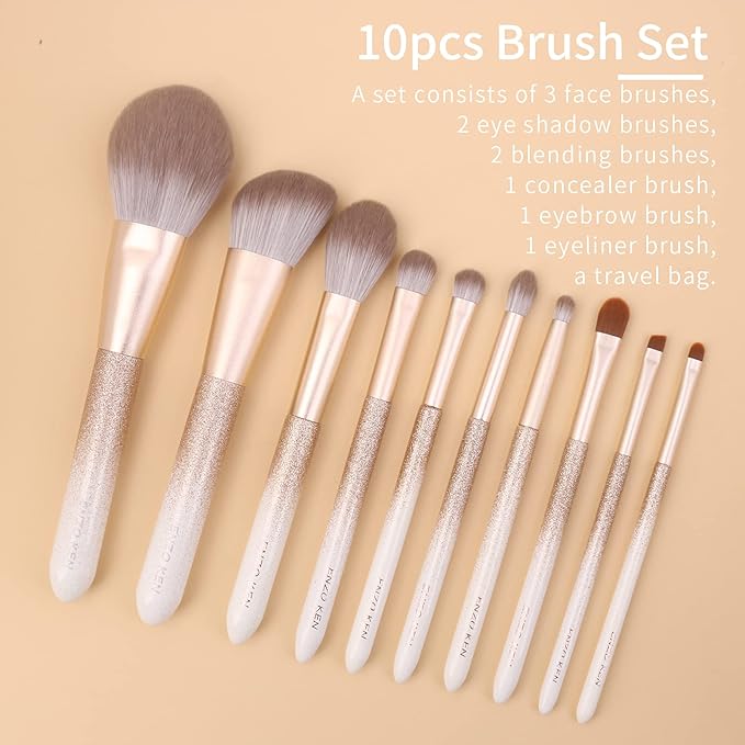Natural Hair Makeup Brush Set Professional, Fox Hair Makeup Brushes Set with Case, Glitter Make up Brushes Set Professional, Natural Makeup Brushes, Natural Bristle Makeup Brush - ORRA, White