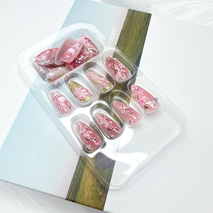 30Pcs Pink Flower Press on Nails Medium Almond Fake Nails with 3D Pearl Rhinestones Designs Glue on Nails Peach Blossom Acrylic Nails Cute Cat False Nails Bow Stick on Nails for Women Nail Supplies