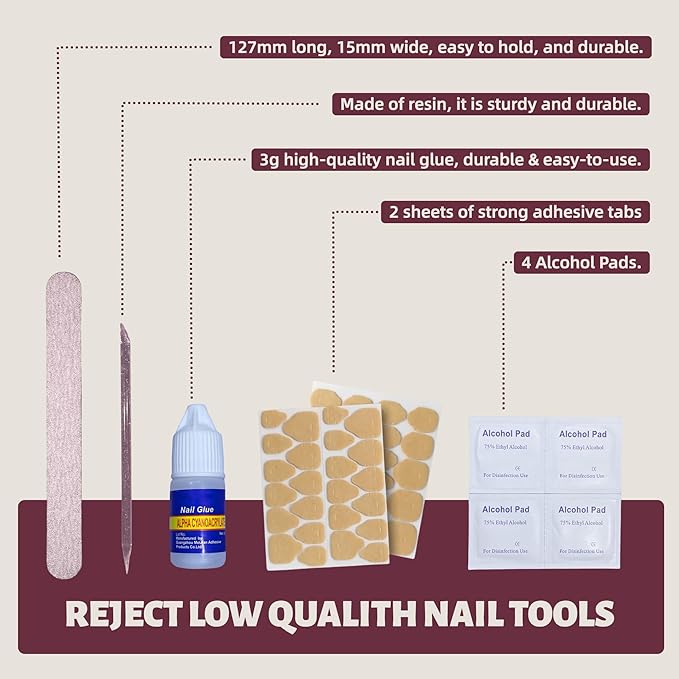 30PCS Short Almond Press-On Nails – Burgundy Fake Nails with 15 Sizes, Soft Back Edge & Durable Tip, No Measuring Needed, Reusable Stick-On Nail Tips for Women