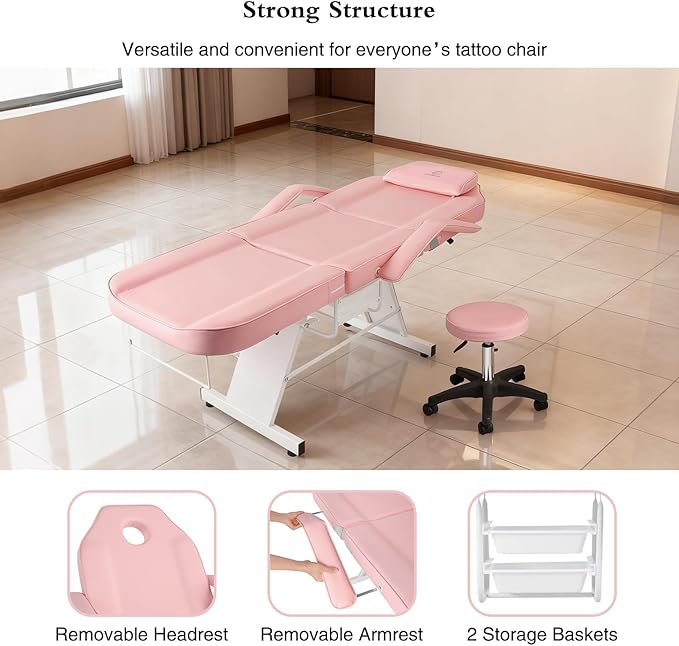 Facial Chair, Tattoo Chair Massage Bed with Hydraulic Stool for Professional Massage Facial Lash Beauty Treatment Spa, Pink