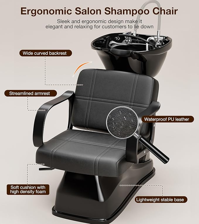 SyyBhb Shampoo Chair and Bowl Set of 2 for Salon, Head Spa Waterfall and Sprayer, Tilting ABS Bowl, Distance Adjustable Seat, Barbershop Spa Equipment