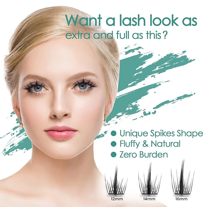 DIY Eyelash Extension, 3D Effect Glue Bonded Band Individual Lash 48 Clusters Volume Lashes Set, Home Eyelash Extension, C curl Lashes Pack 14MM-Spikes-48 Clusters