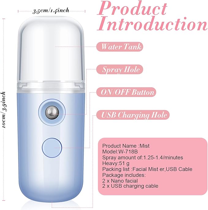 Honoson 2 Nano Facial Mister Sprayer Portable Face Nano Mister for Eyelash Extensions USB Rechargeable 1 oz Handy Skin Care Machine for Face Hydrating, Daily Makeup(White and Blue)