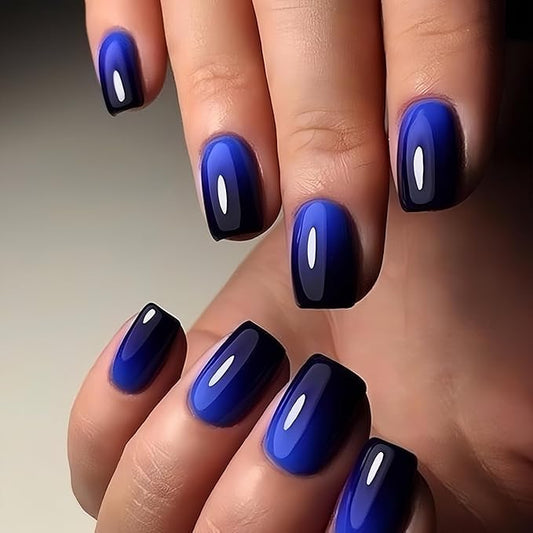 KQueenest Ombre French Press on Nails Short Square, Dark Blue Black Fake Nails Short Coffin, Gradient Color Acrylic Nails Press Ons, Soft Gel Glue on Nails for Women Decoration in 30 Pcs