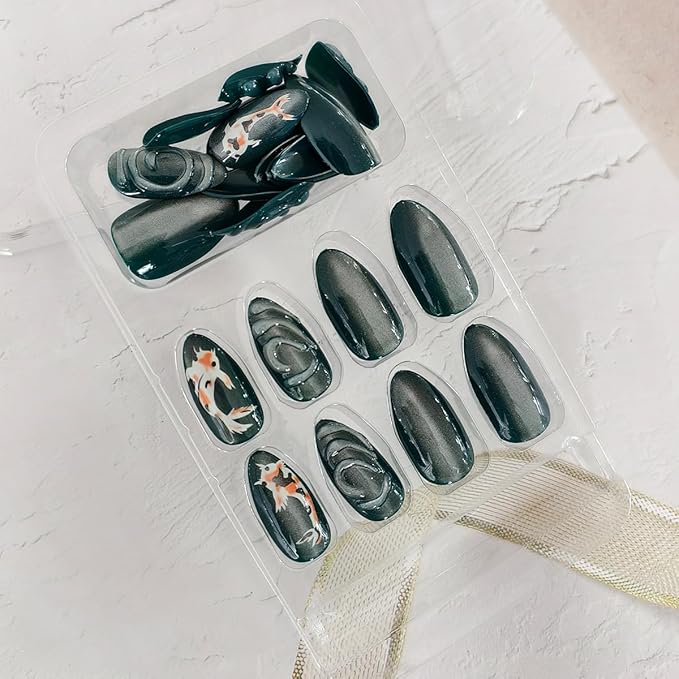 24Pcs Summer Press on Nails Almond Short Fake Nails 3D Water Ripples Cute Fish Design Elegant Shine Artificial False Nails Full Cover Stick on Nails for Women Dark Color Acrylic Nails Set