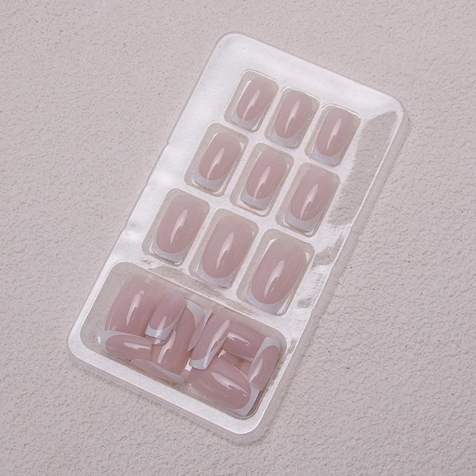 French Tip Press on Nails Short Square Fake Nails White Nail Tips Acrylic Nails Nude Nature False Nails Press ons Stick on Nails Clossy Artificial Nails for Women Girls Manicure 24Pcs