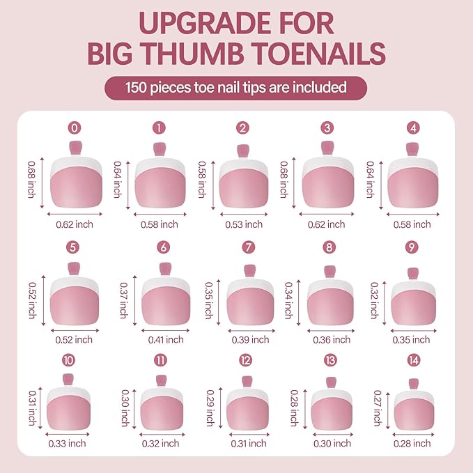 Vansiho 150 pcs Fake Toe Nail Tips Press on, French Tip Soft Gel Toenail Extension Pink White, Square Round Toenail Pre-applied Tip Primer & Base Coat, Soft Gel Fake Toe Nails for Home DIY 15 Sizes
