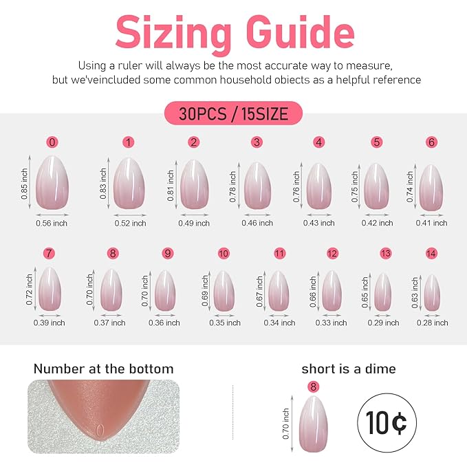 Press On Nails Short Almond Ombre Pink Fake Nails with Chrome Glossy 15 Size in 30 Nail Tips Kit with Nail Glue Remover,Glue On Nails for Busy Mom